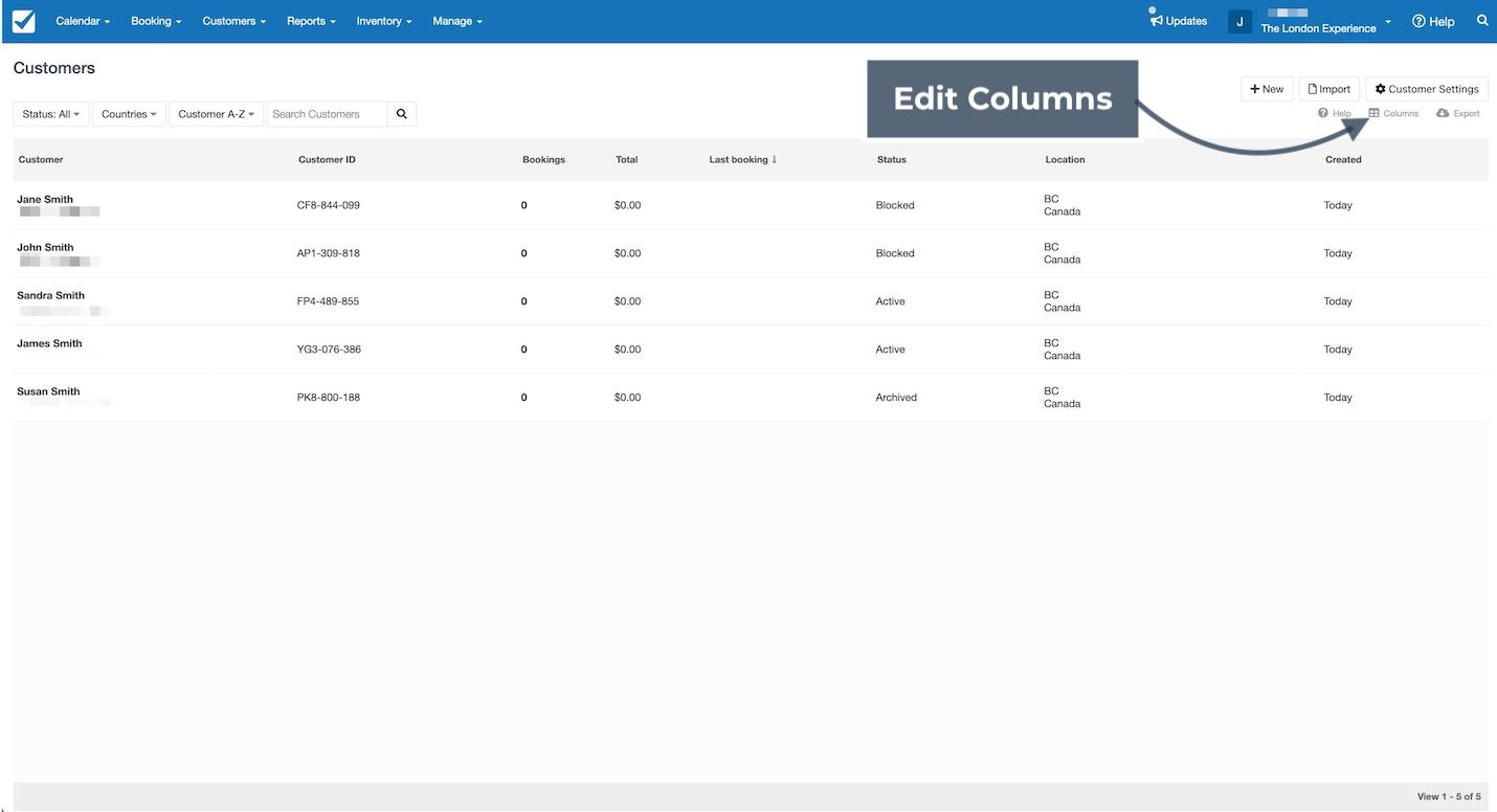 Customer list with an arrow pointing to the Edit Columns option in the Checkfront dashboard.