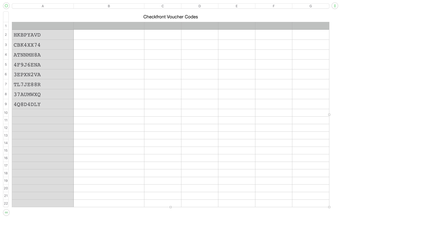 Spreadsheet displaying a list of voucher codes in a single column under the title Checkfront Voucher Codes.
