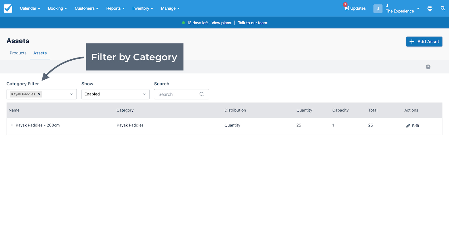 Assets page with Kayak Paddles filtered by category using the Category Filter dropdown.