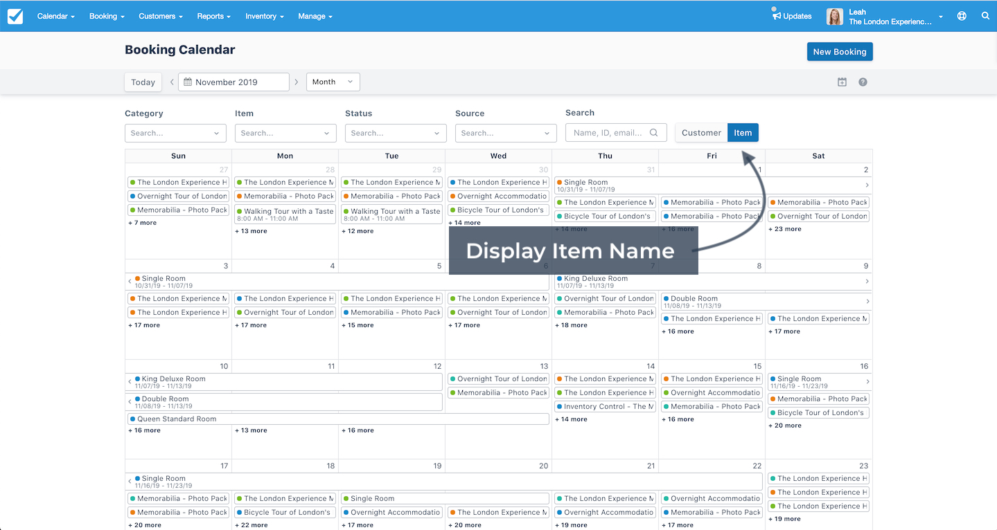 Booking calendar view highlighting the option to display item names on scheduled bookings.