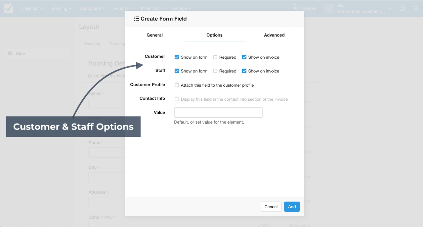 Create form field window with customer and staff visibility options highlighted for form and invoice display.