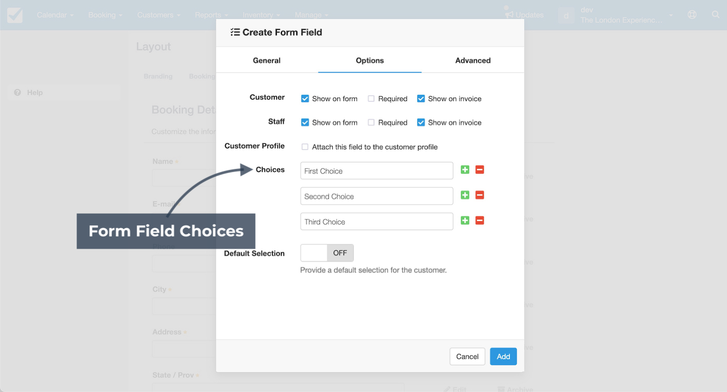 Create form field window showing form field choices list with options to add or remove entries.