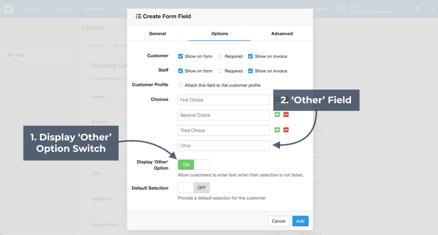 Create form field window with choices list, other option switch enabled, and text field for custom entries.