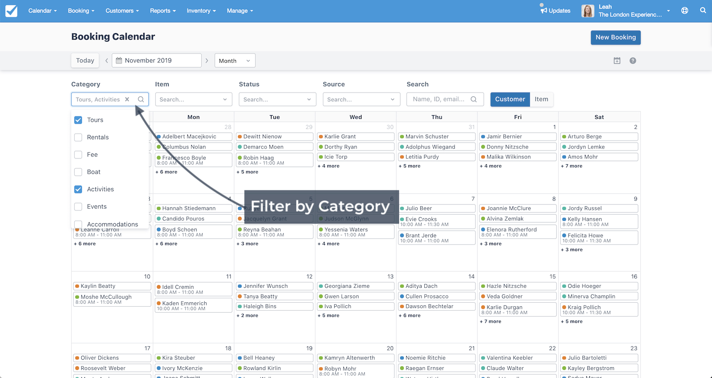 Booking Calendar view with dropdown filter open to select categories such as Tours, Rentals, and Activities.