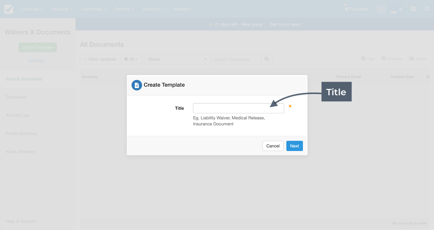The Create Template pop-up window with a Title field highlighted for entering the name of the new document.