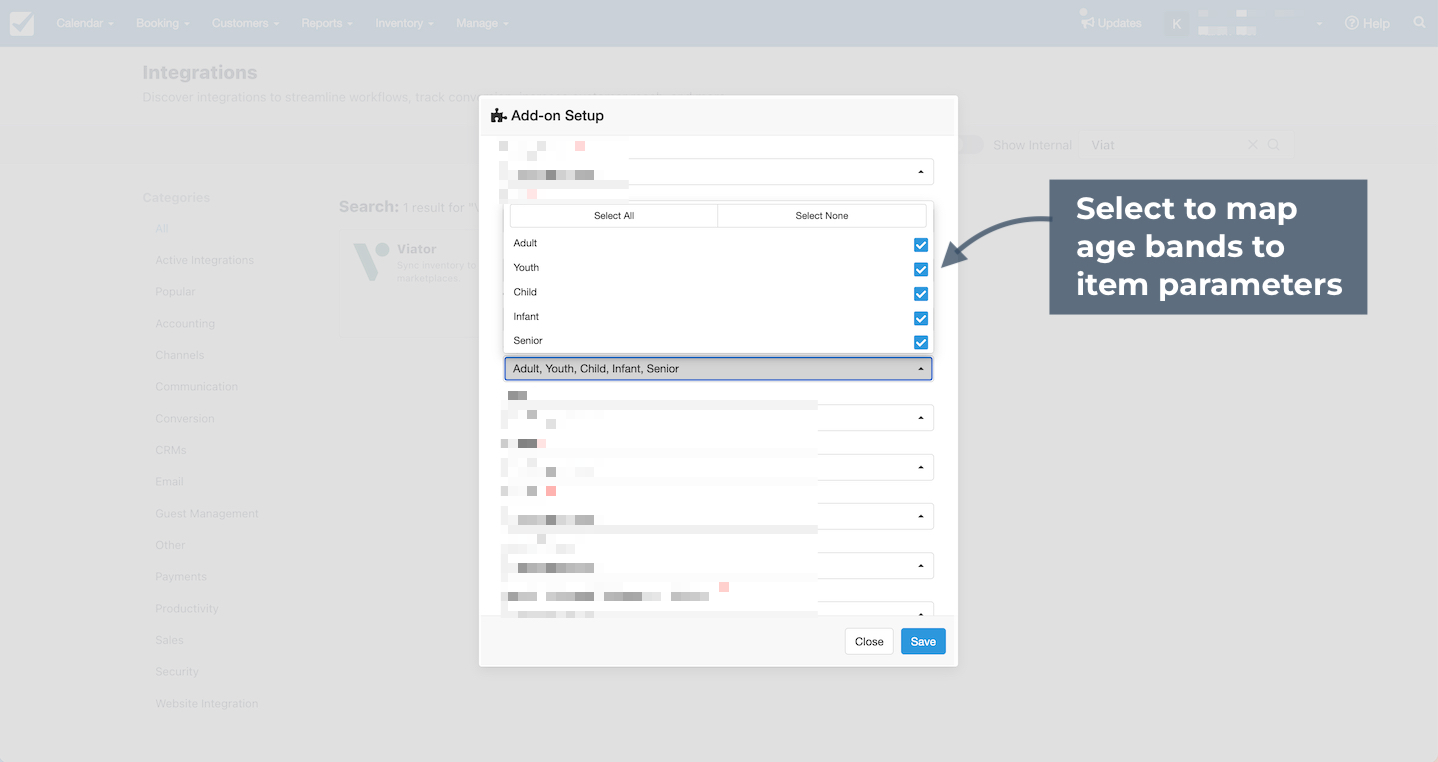 Viator add-on setup screen highlighting the option to select and map multiple age bands such as Adult, Youth, Child, Infant, and Senior to item parameters.