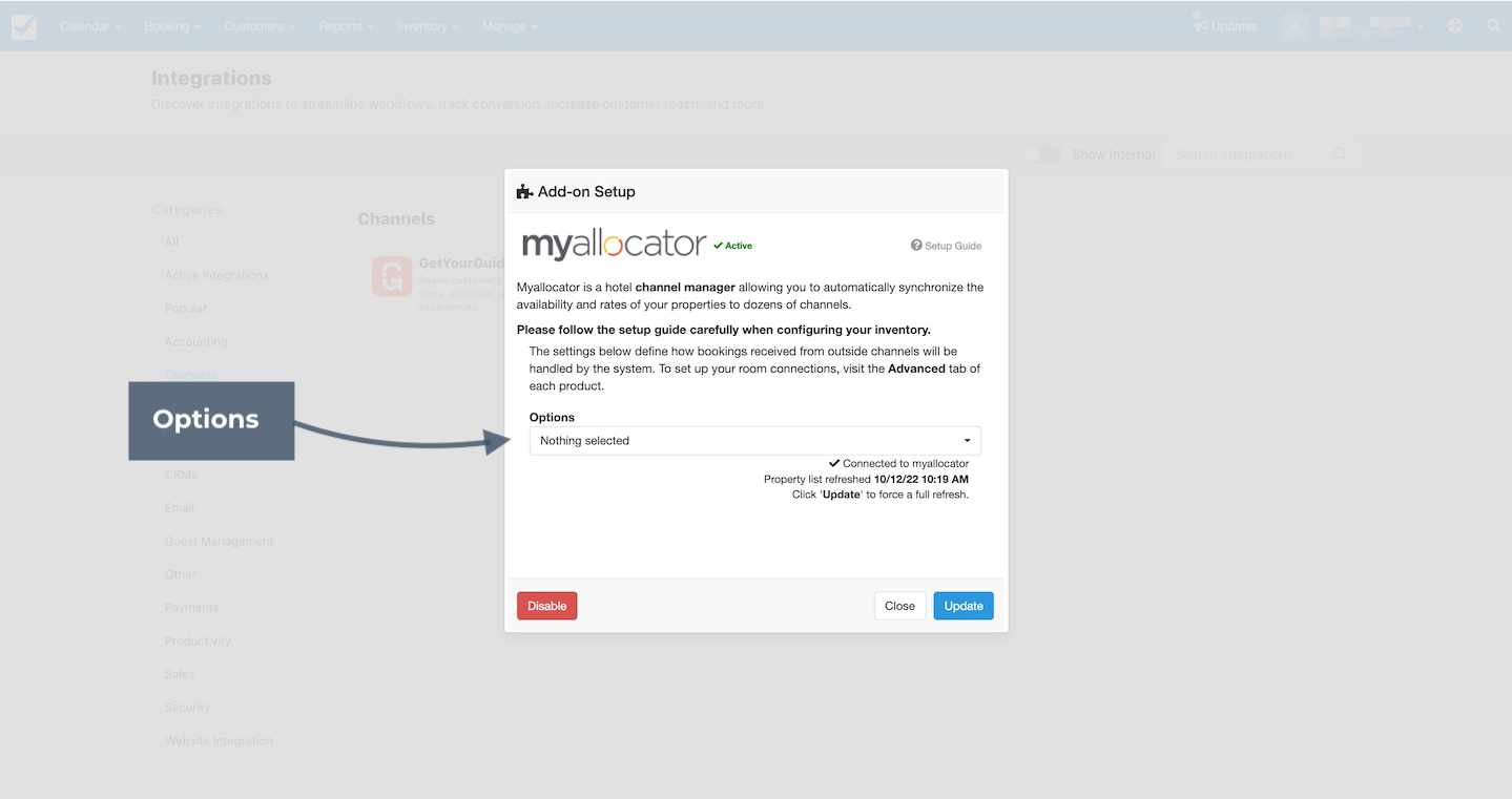 Add-on setup window for Myallocator integration showing active status and dropdown menu for selecting options with the Options label highlighted.