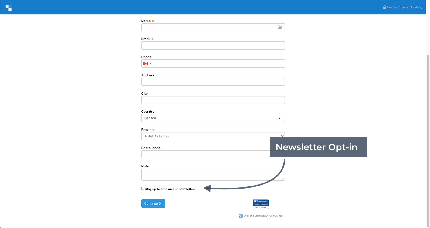 Checkfront booking form page highlighting the newsletter opt-in checkbox for customers.