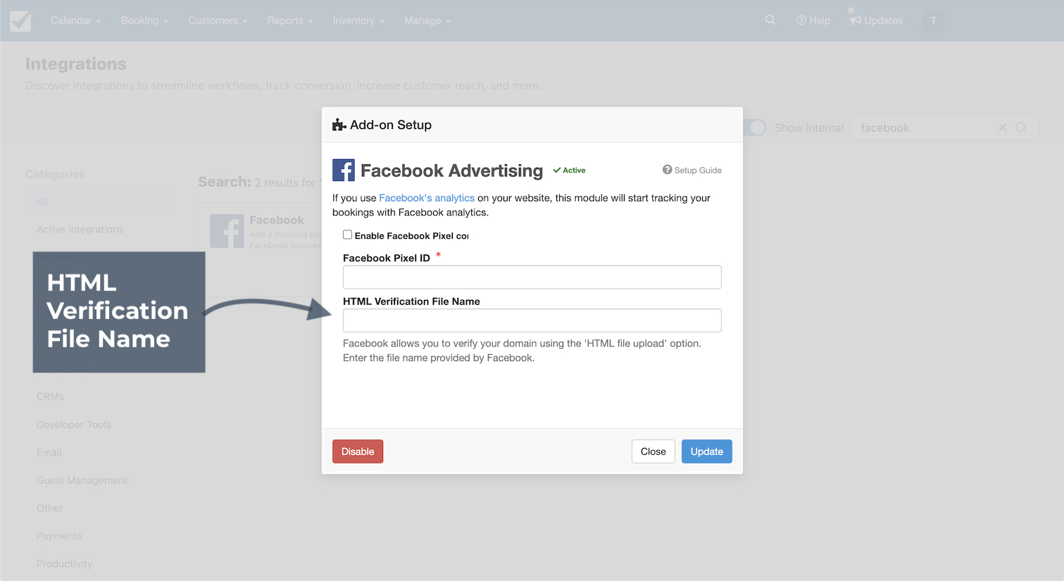 Facebook Advertising add-on setup window highlighting the field to enter the HTML Verification File Name.