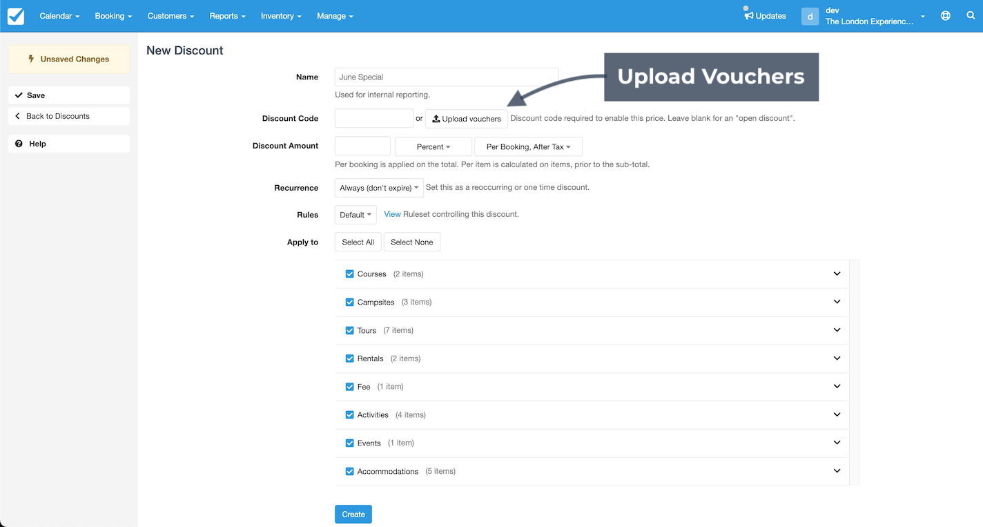 New discount setup screen showing a highlighted Upload Vouchers button for adding discount codes.