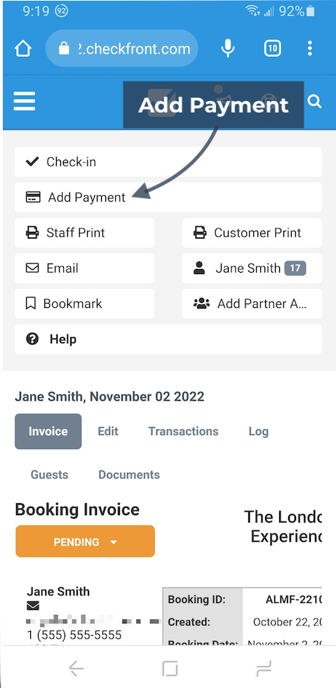 Mobile view of a booking invoice in Checkfront with the Add Payment button highlighted.