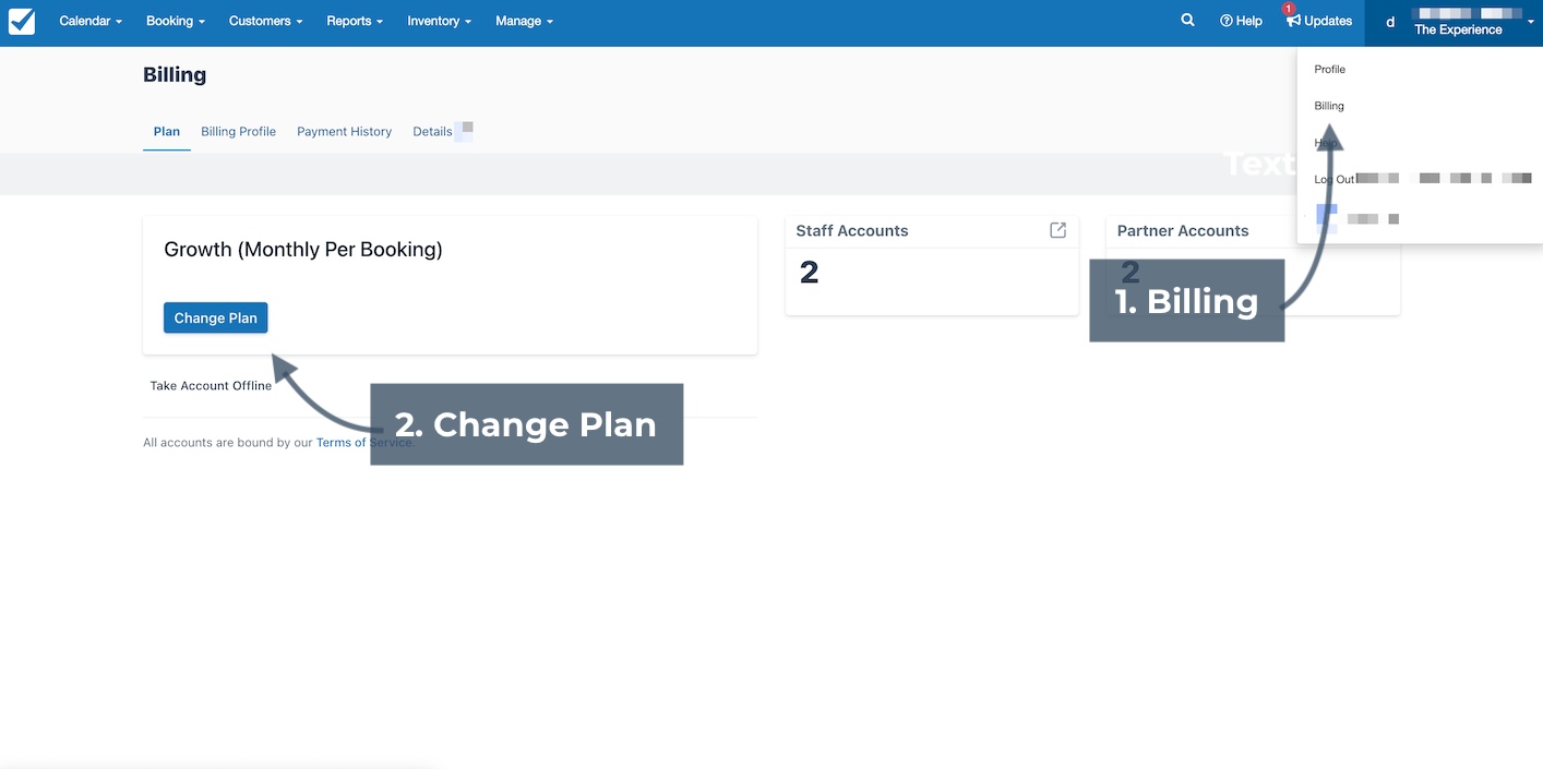 Billing page showing subscription plan details with arrows highlighting Billing menu access and the Change Plan button.