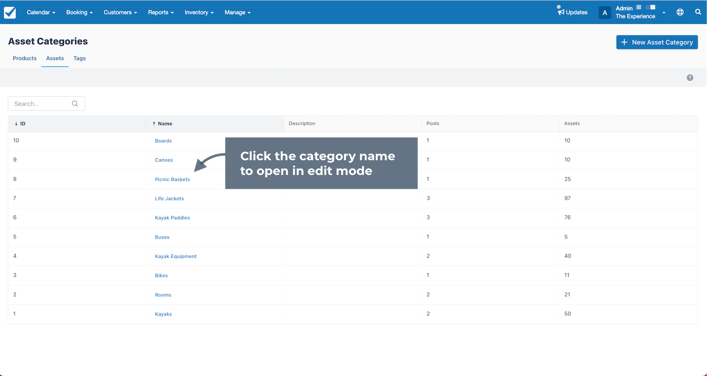 Asset categories page with a highlighted arrow pointing to Canoes showing instruction to click the category name to open in edit mode.