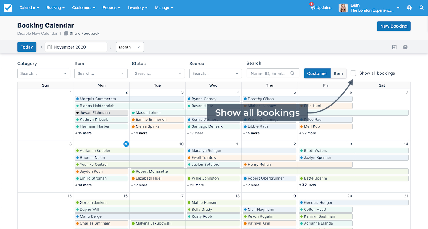 Booking calendar view highlighting the checkbox to show all bookings.