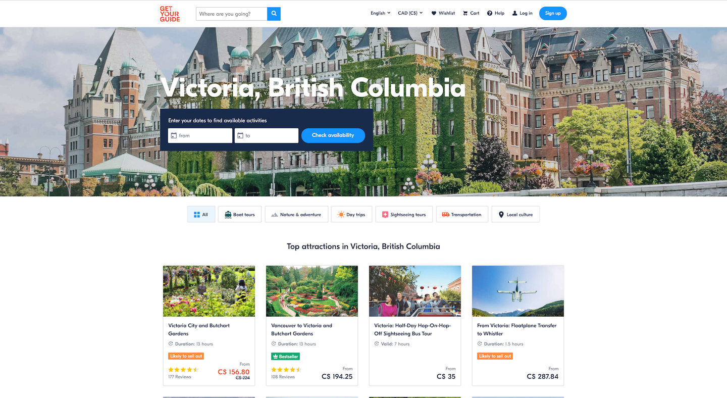 GetYourGuide website search results page showing attractions in Victoria, British Columbia with available tours and prices.