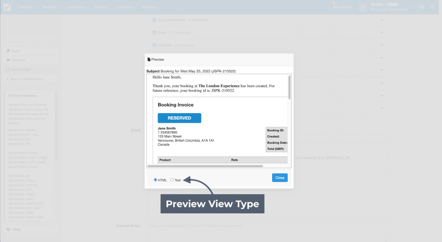 Email preview window displaying a sample booking confirmation message with HTML and text view options.