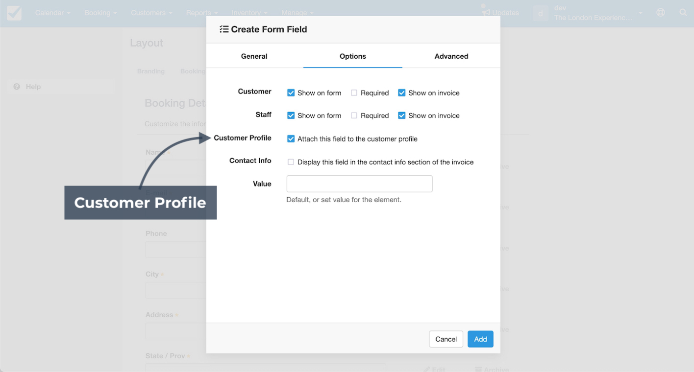 Create form field window with customer profile option selected to attach field data to the customer profile.