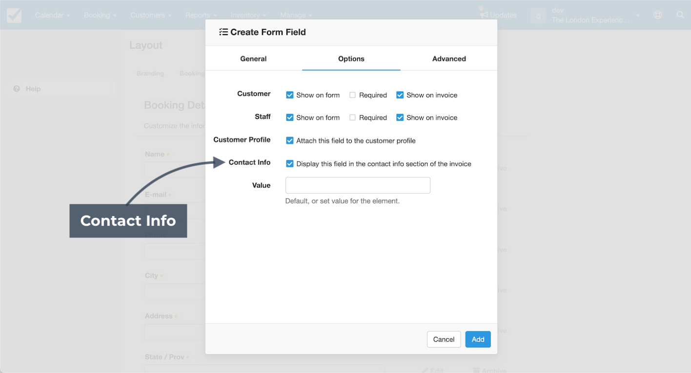 Create form field window with contact info option selected to display field in the invoice contact information section.