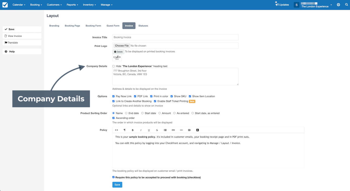 Layout Invoice Company Details