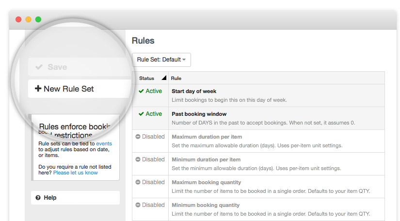 Rules configuration screen with a magnified view highlighting the button to create a new rule set in the sidebar.
