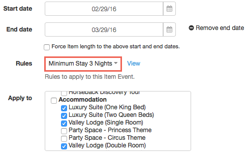 Item event form showing rules dropdown set to minimum stay 3 nights and apply to section with selected accommodation options.
