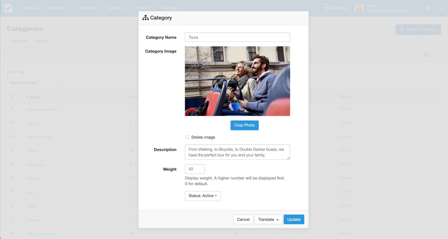 Edit category form for tours with fields for name, image, description, weight, and status before updating.