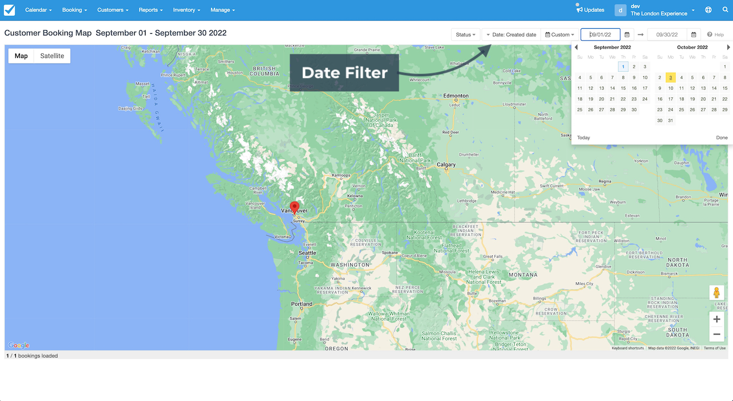 A customer booking map shows a highlighted date filter that allows selecting a custom date range for viewing bookings on the map.
