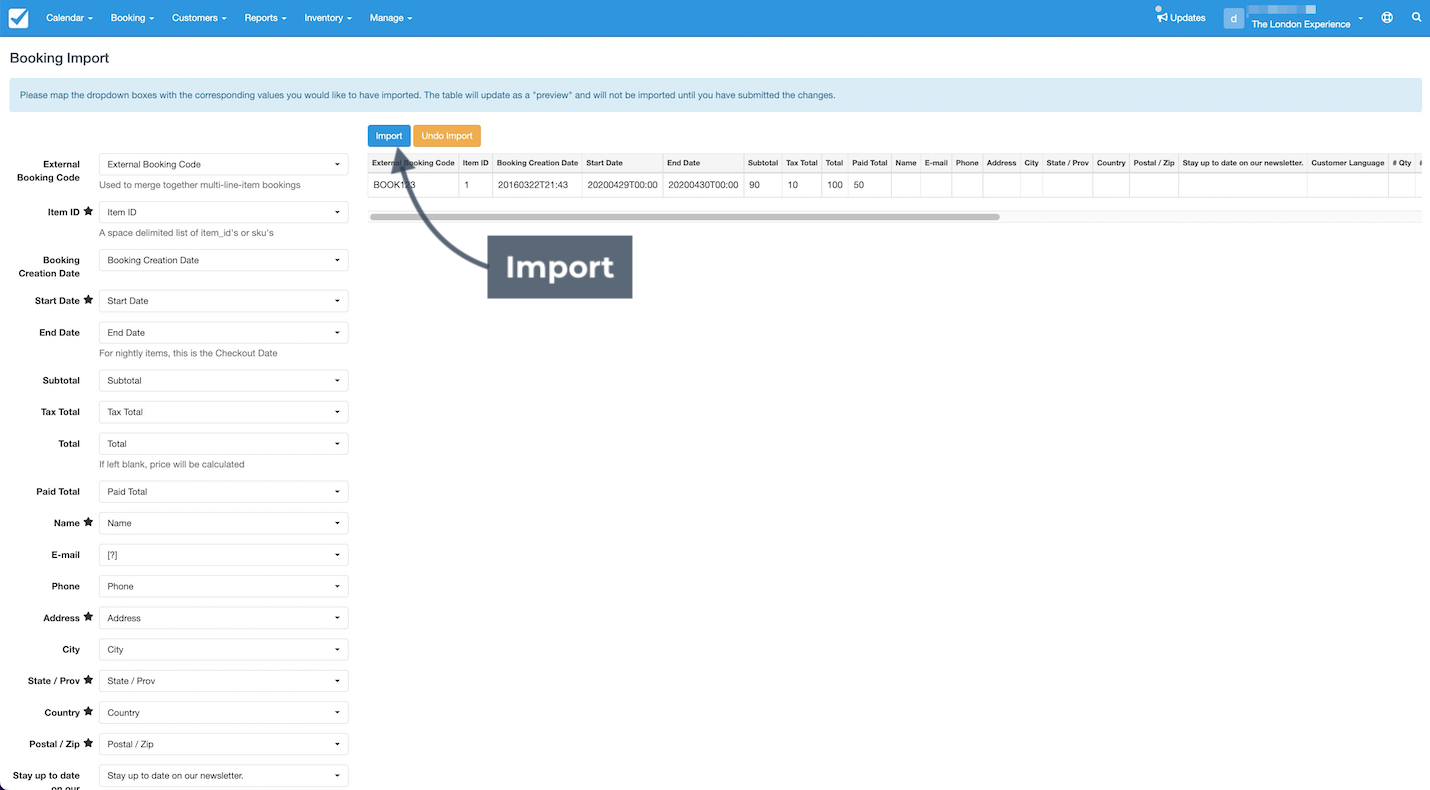 Booking import mapping page highlighting the Import button used to confirm uploading bookings from a CSV file.