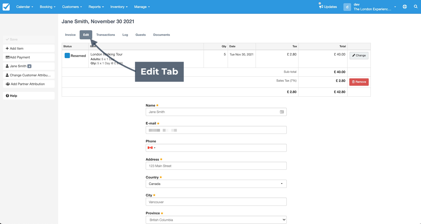 Booking invoice edit page with edit tab highlighted to switch into editing mode.