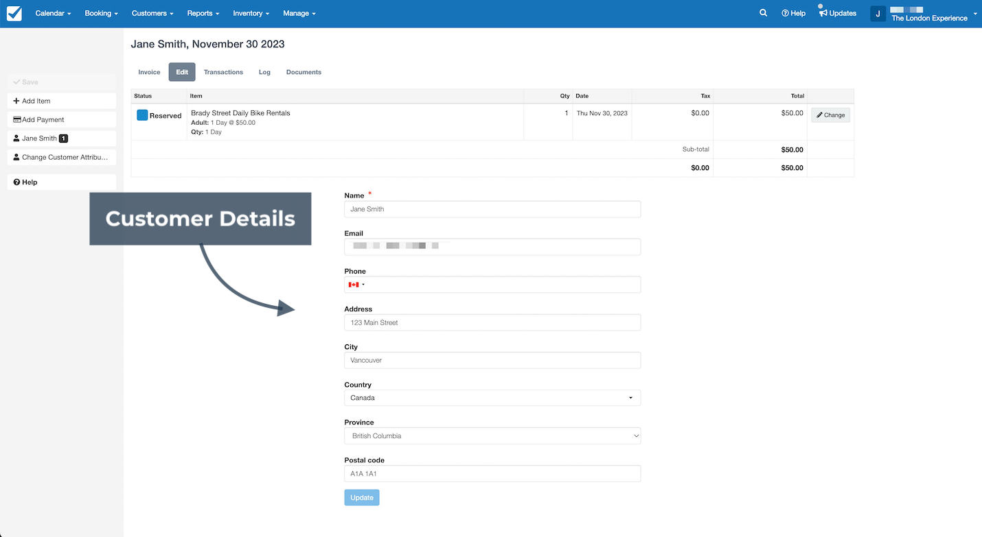 Booking invoice edit page with customer details form highlighted for updating customer information.