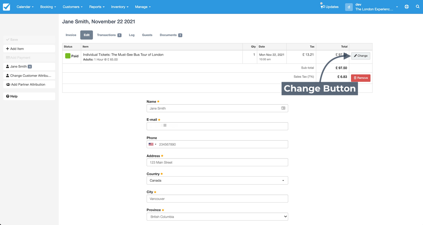 Booking invoice edit page with change button highlighted for modifying item details.