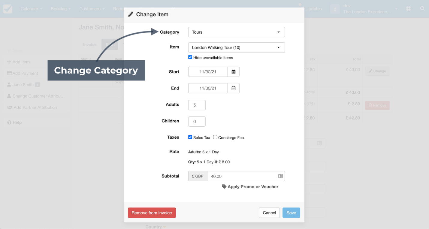 Change item window with category dropdown highlighted for switching the booking category.