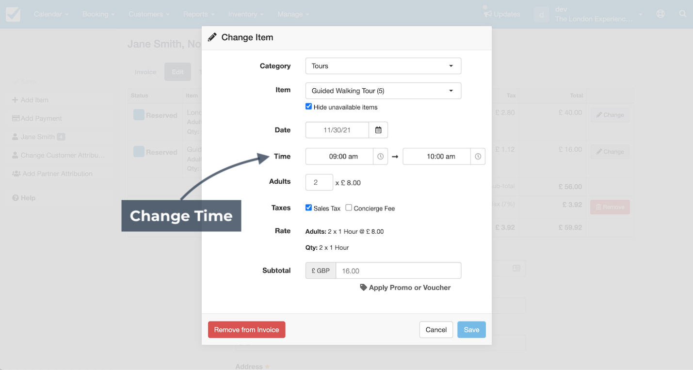 Change item form with the time field highlighted to adjust the booking time.
