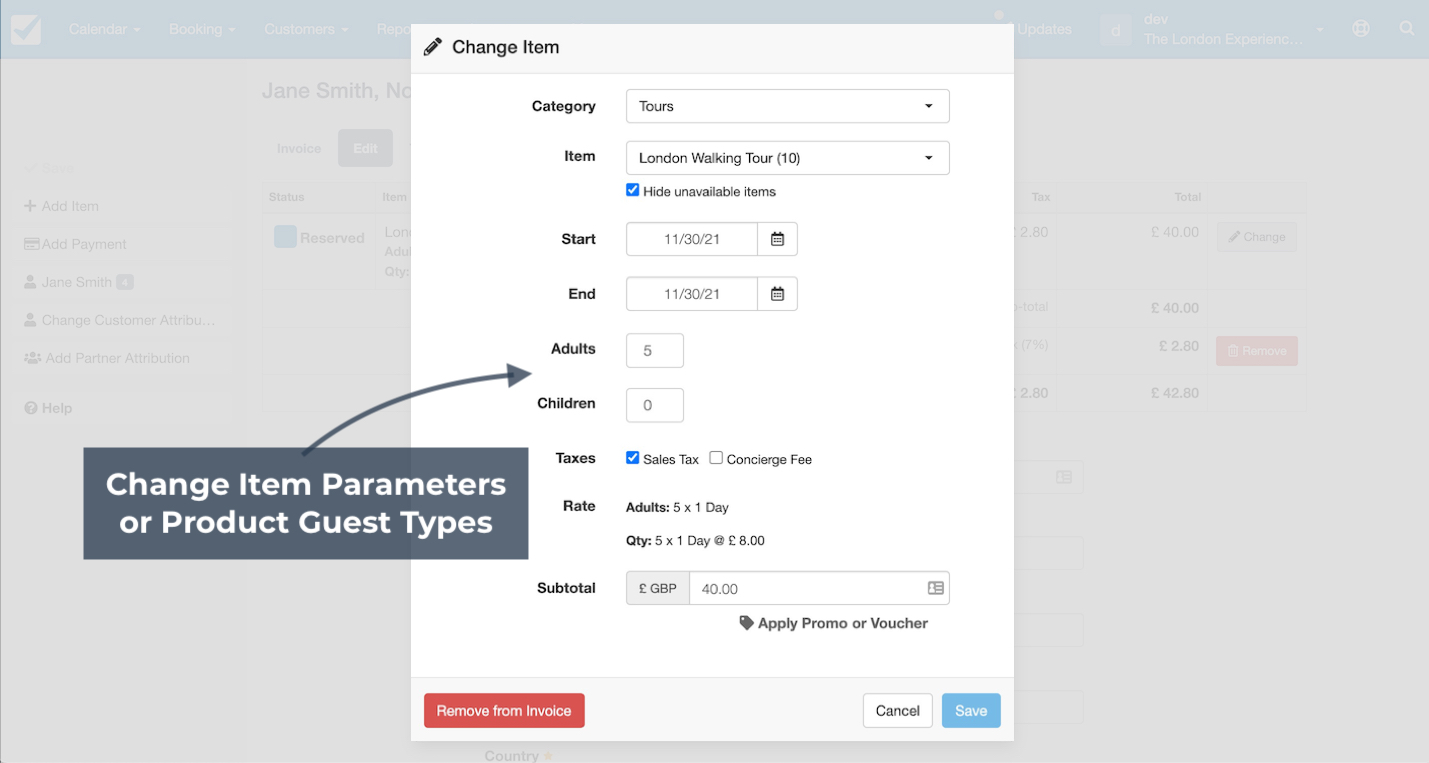 Change item form with the adults and children fields highlighted to modify guest types and quantities.