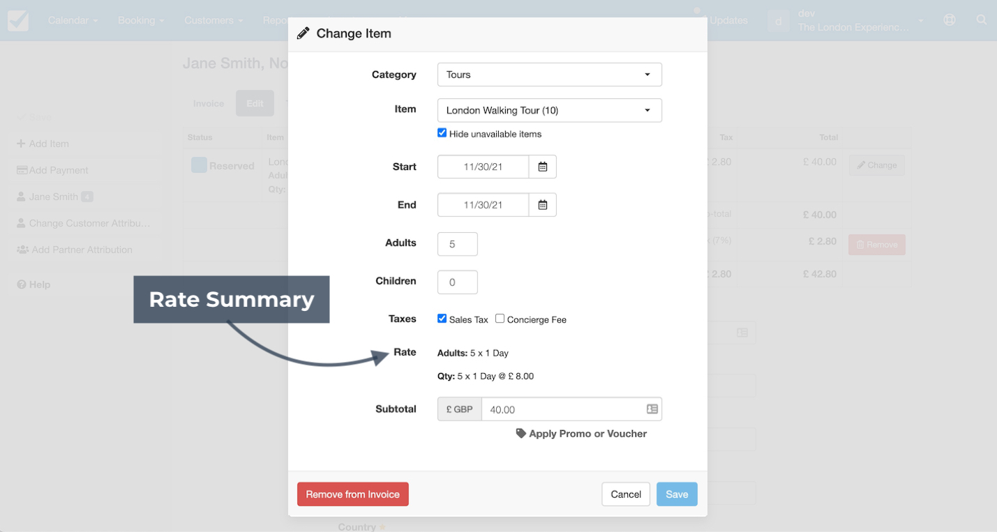 Change item window with rate summary highlighted to display pricing breakdown.