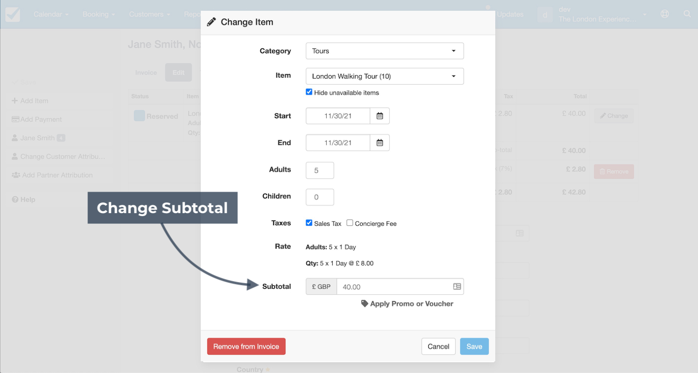 Change item form with the subtotal field highlighted to adjust the total amount for the booking.