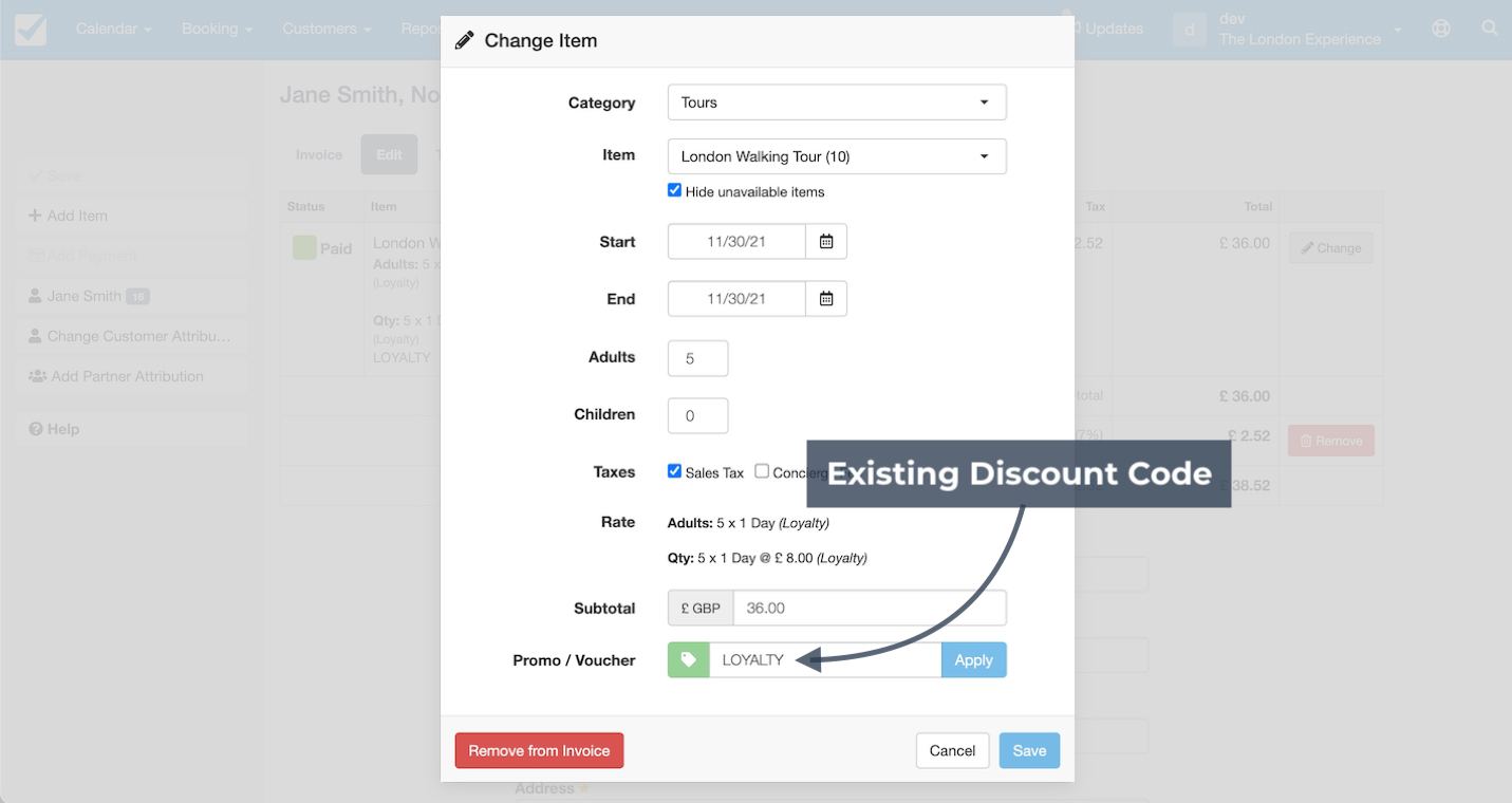 Change item window with existing discount code highlighted in the promo or voucher field.