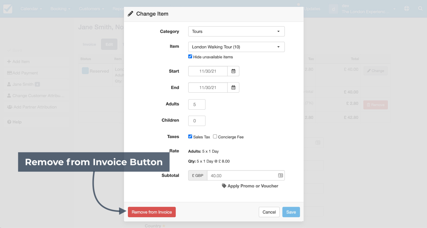 Change item form with the remove from invoice button highlighted to delete the selected item.