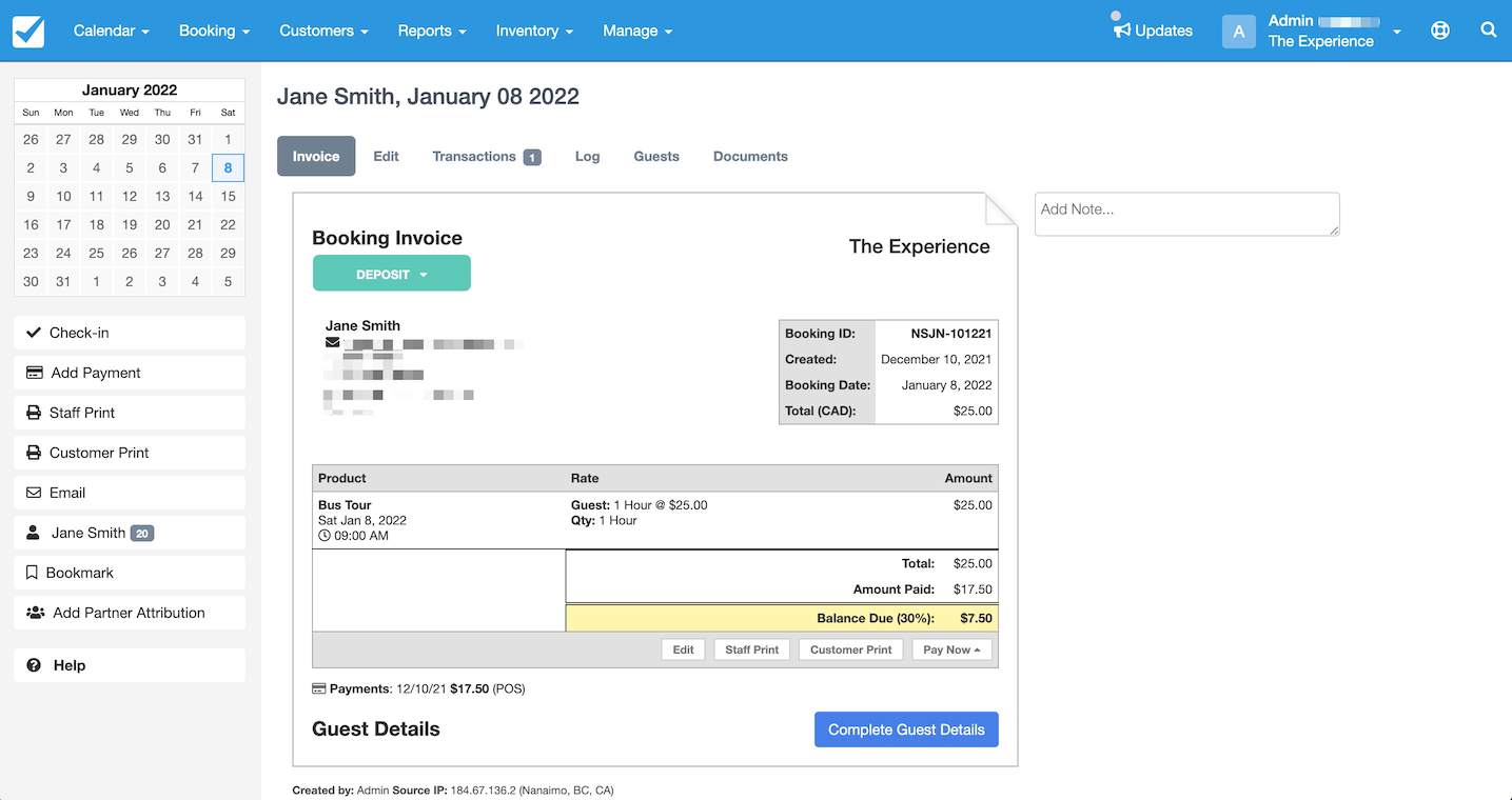 Booking invoice showing a deposit payment and balance due section.