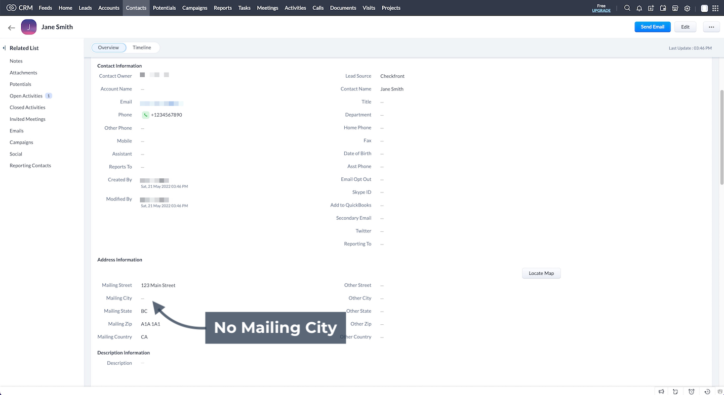 Zoho No Mailing City