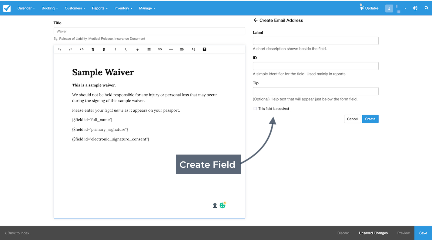 The document editor with the Create Email Address panel open to define label, ID, and tip when creating a new field.