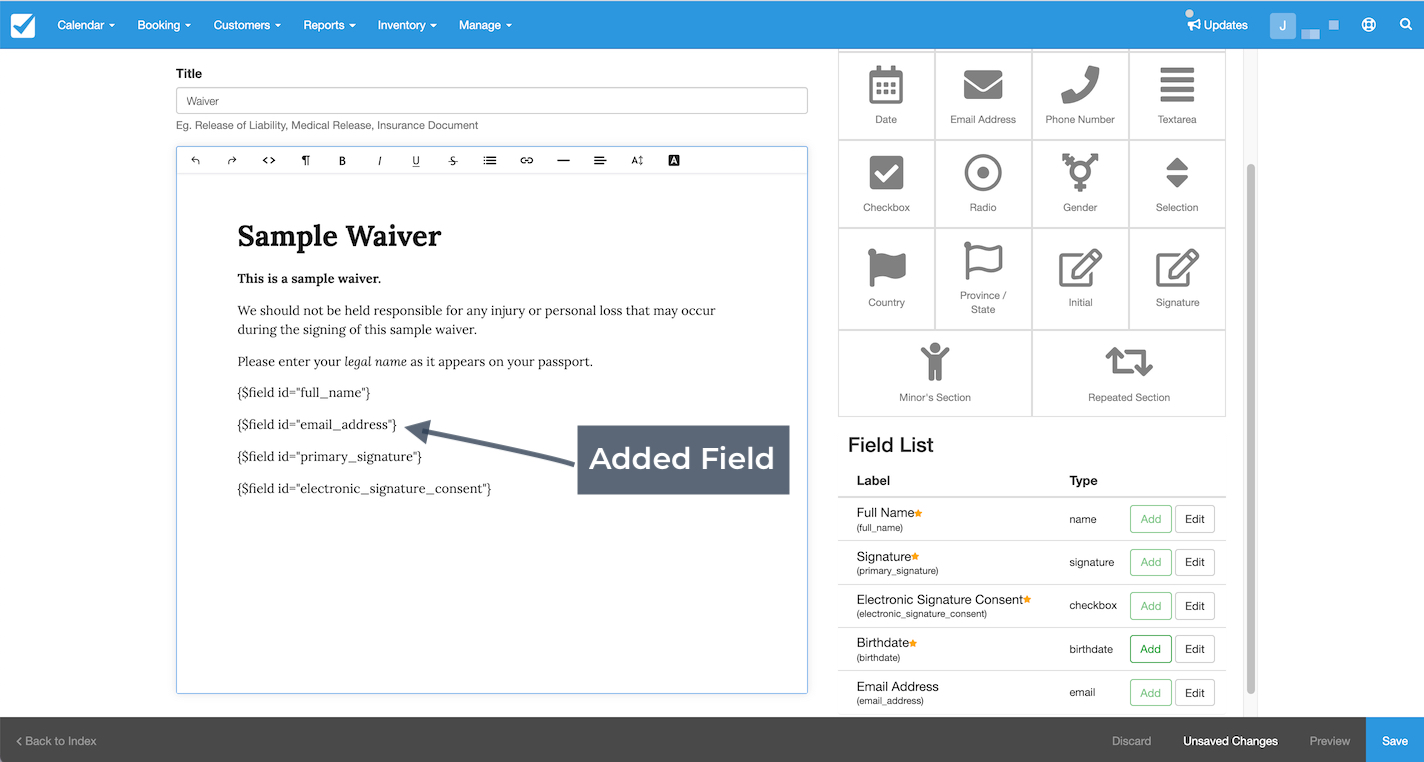 The document editor showing an added email address field inserted into the sample waiver text.