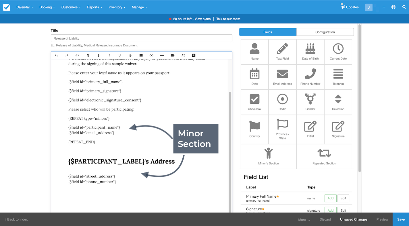 The document editor showing a Minor Section inserted into the waiver with participant name and email address fields.