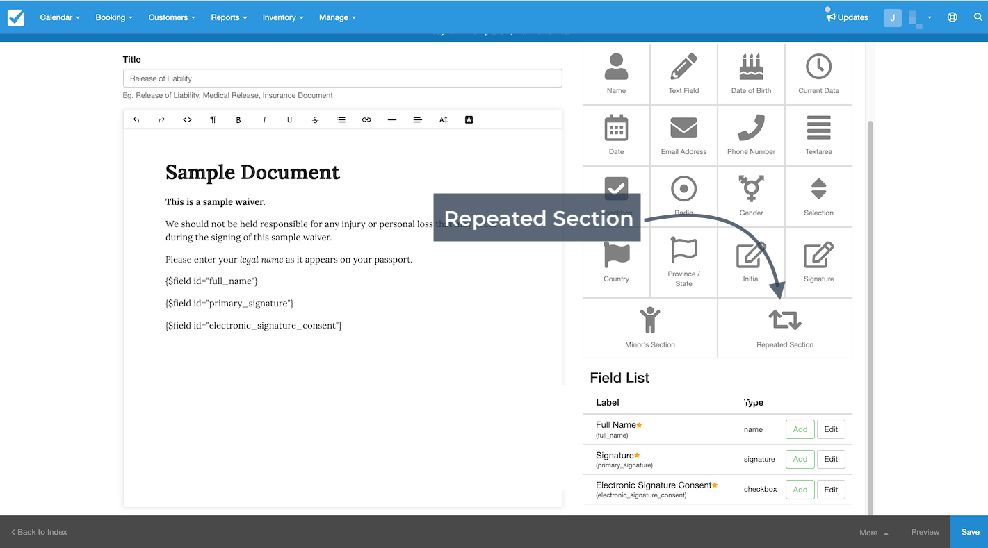 The document editor with the Repeated Section field highlighted for adding repeatable content blocks to the waiver.