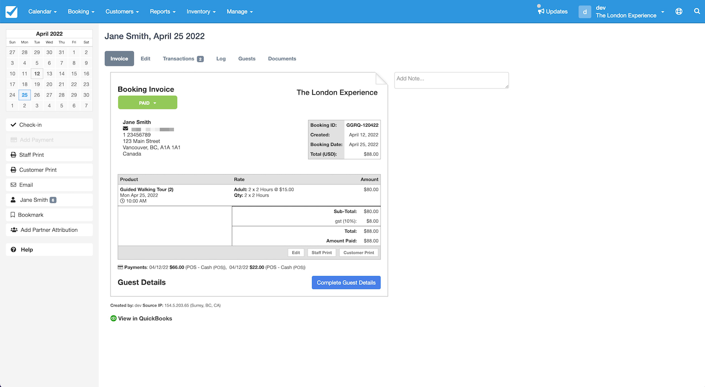 Booking invoice in Checkfront displaying payment details, booking information, and an option to view in QuickBooks.