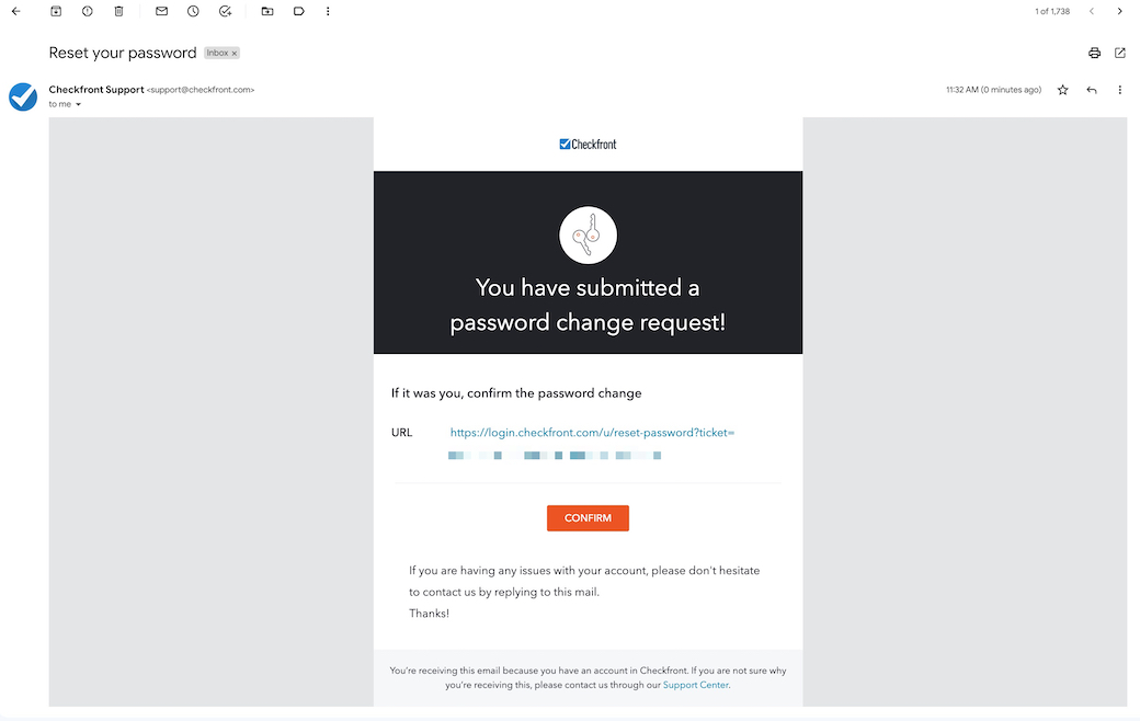 Password reset email from Checkfront prompting the user to confirm a password change request via a provided URL and confirm button.