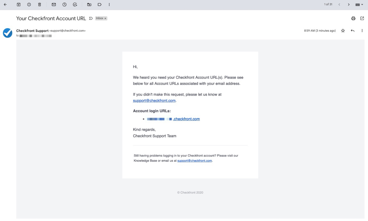 Email from Checkfront support providing the recipient with their account login URLs after a request.