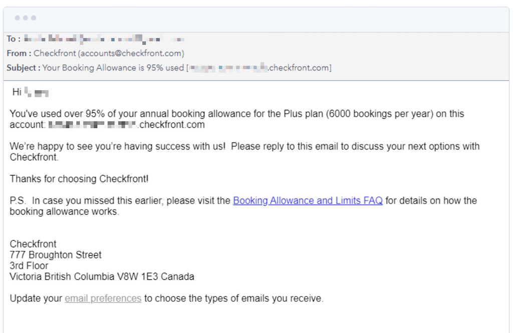 Checkfront email alerting the recipient that 95% of their annual booking allowance has been used, with details and next steps.