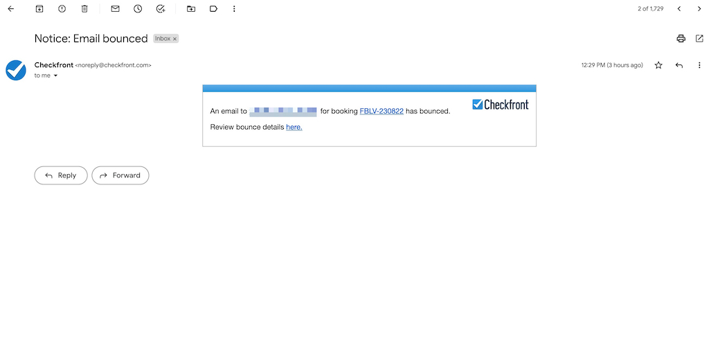 Checkfront email notification indicating that an email for a booking has bounced with a link to review bounce details.