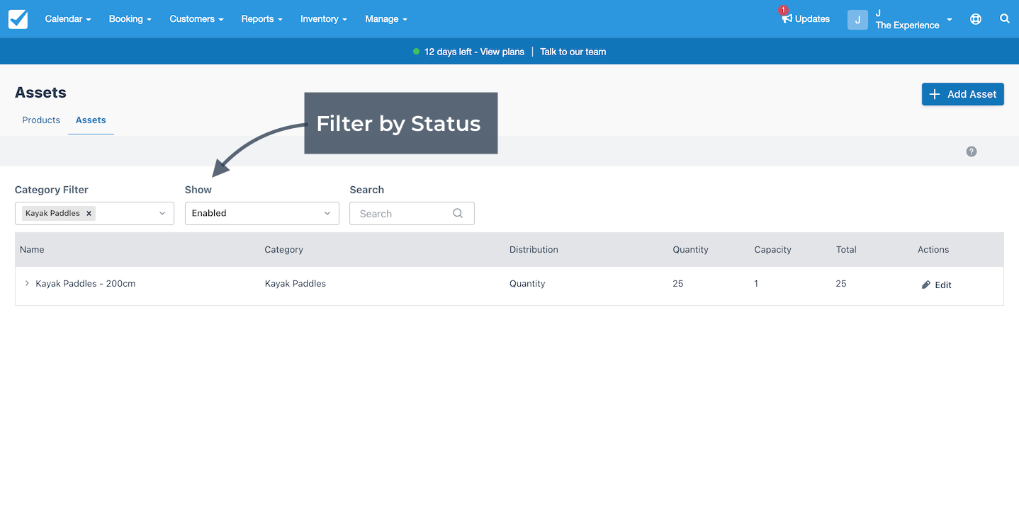 Assets page with enabled assets filtered by status using the Show dropdown.